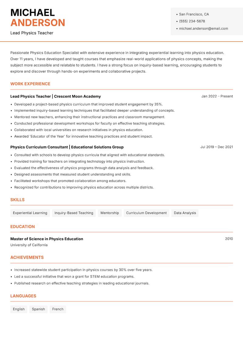 Physics Education Specialist Resume Template