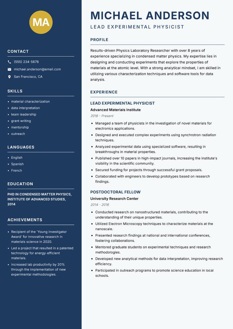 Physics Laboratory Researcher Resume Preview Example