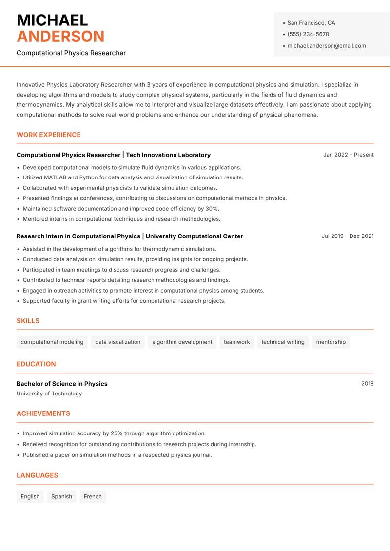 Physics Laboratory Researcher Resume Template