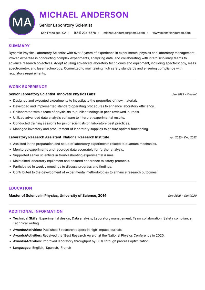 Physics Laboratory Scientist Resume Preview Example