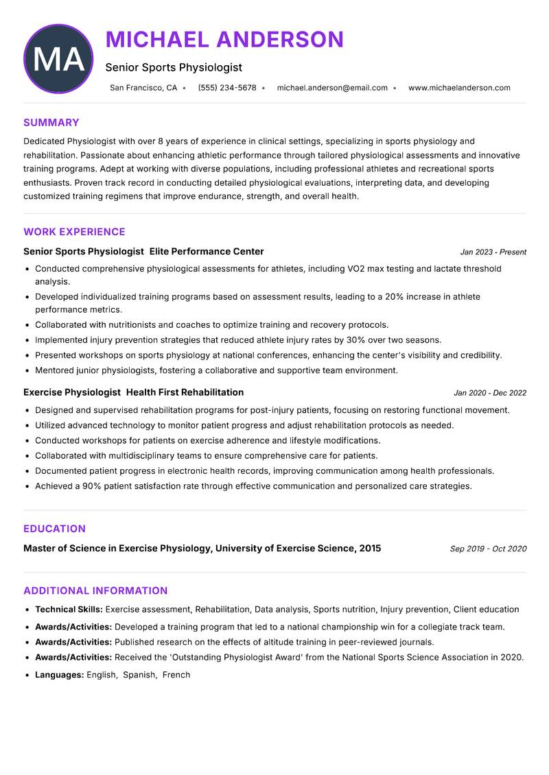Physiologist Resume Preview Example