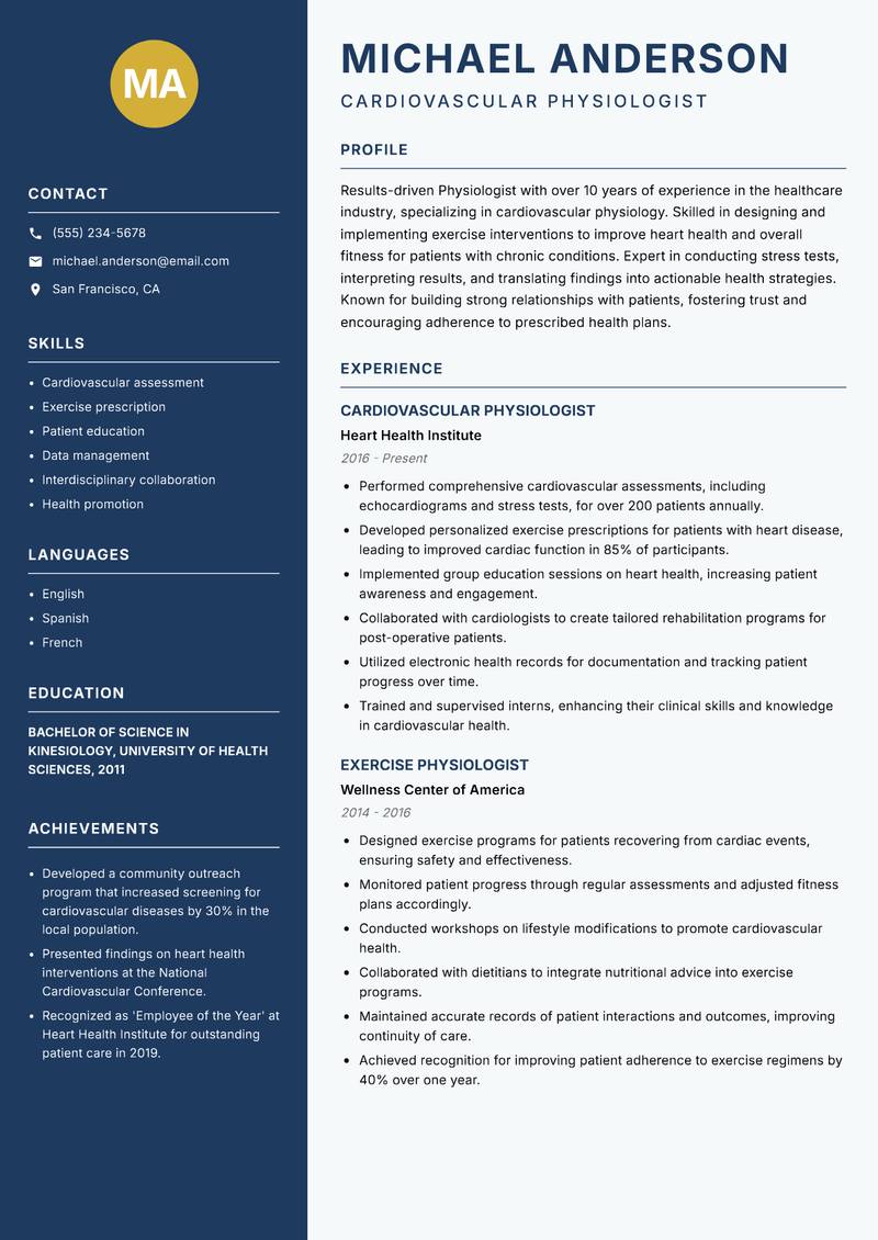 Physiologist Resume Preview Example