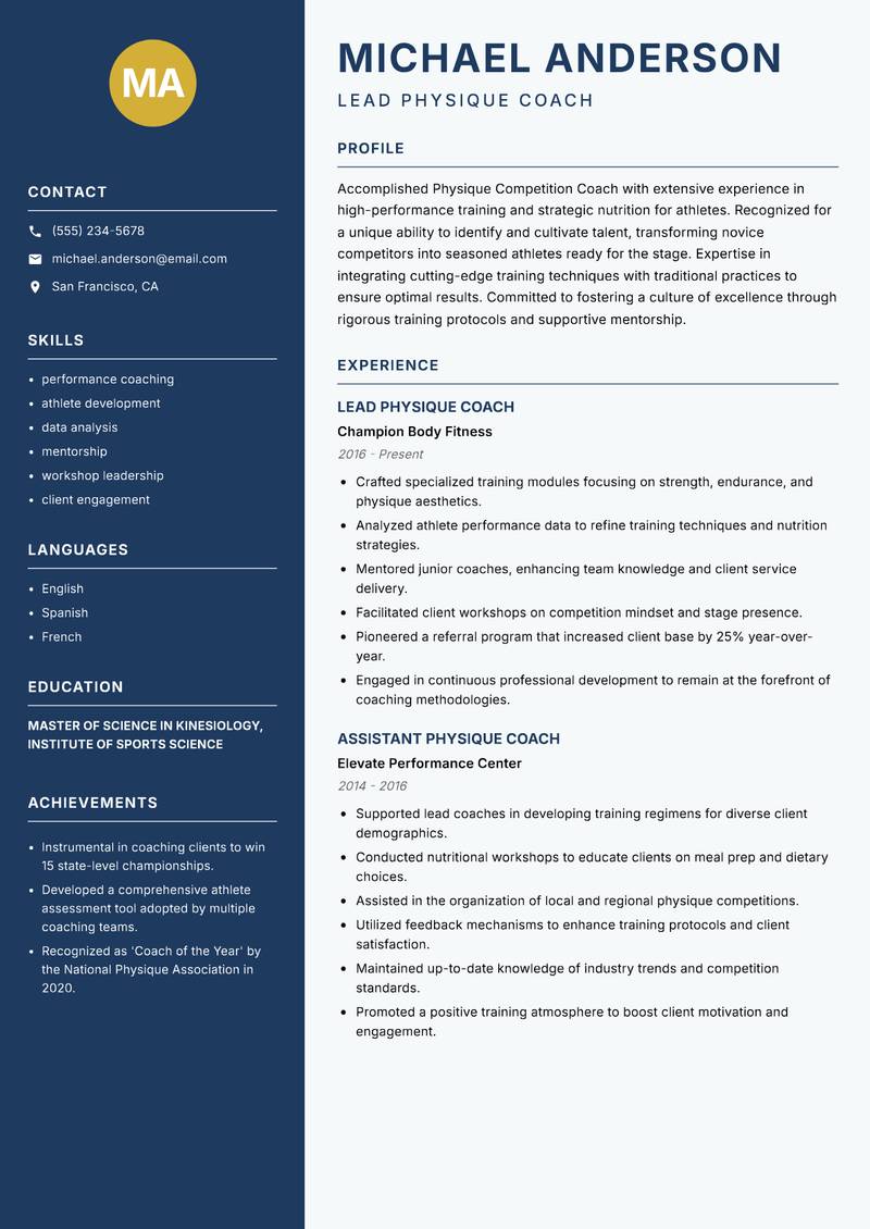 Physique Competition Coach Resume Preview Example