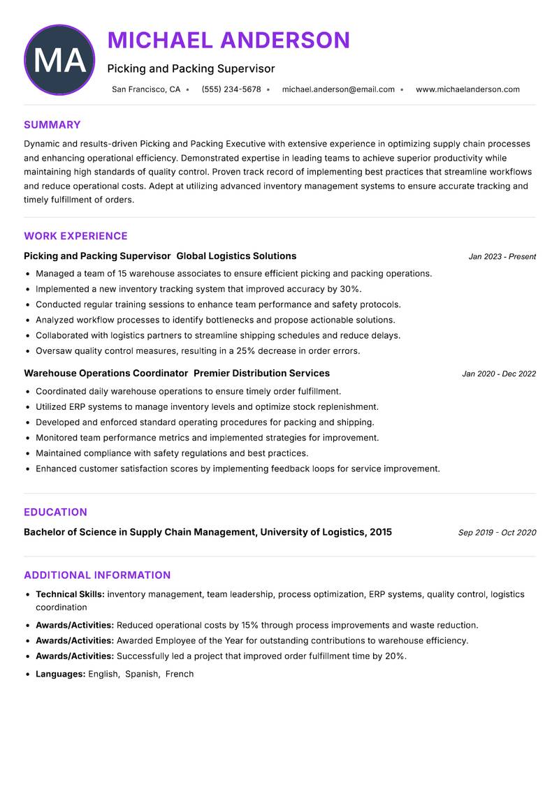 Picking and Packing Executive Resume Preview Example