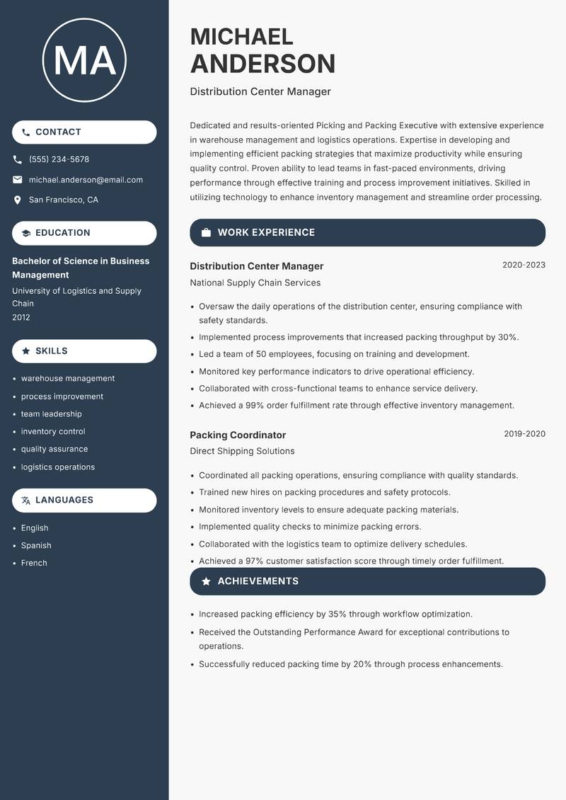 Picking and Packing Executive Resume Preview Example