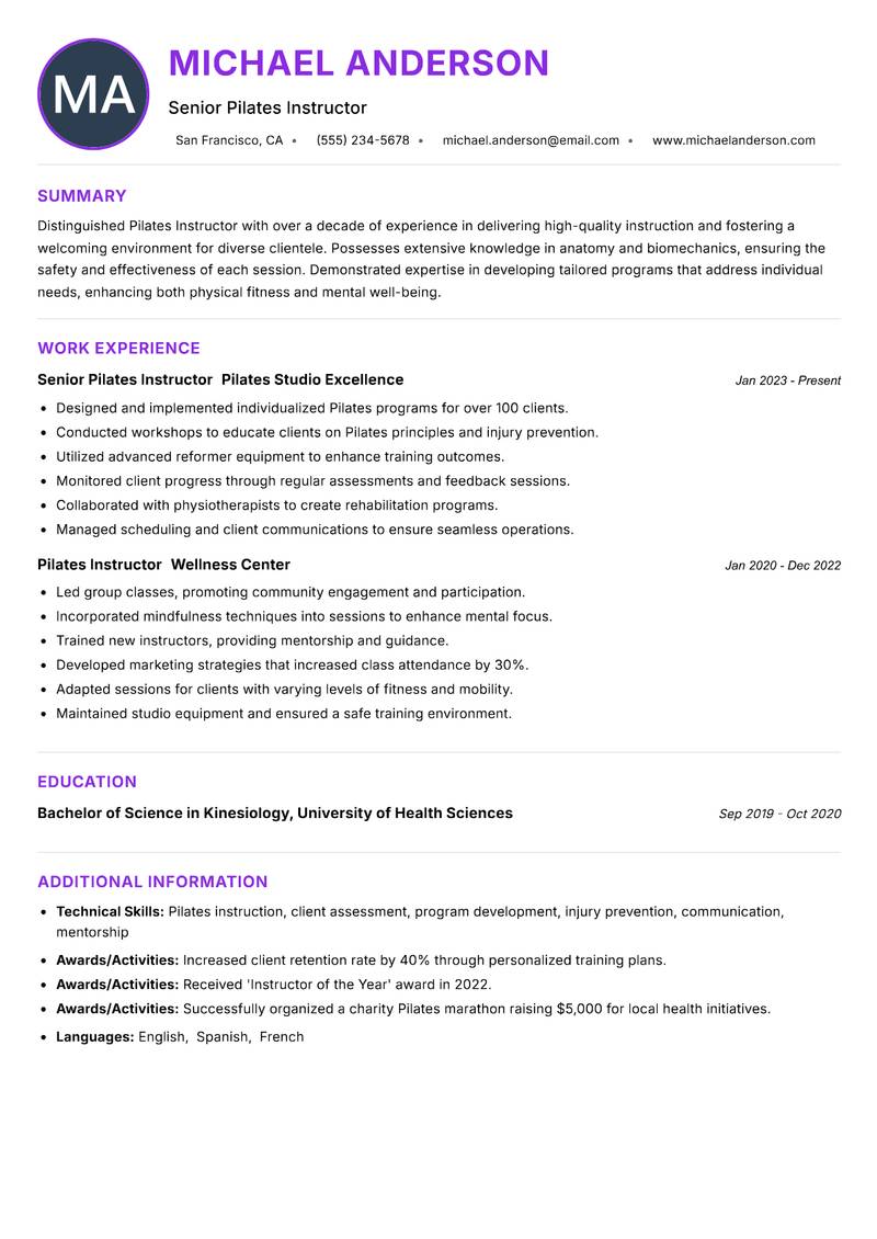 Pilates Instructor Resume Preview Example