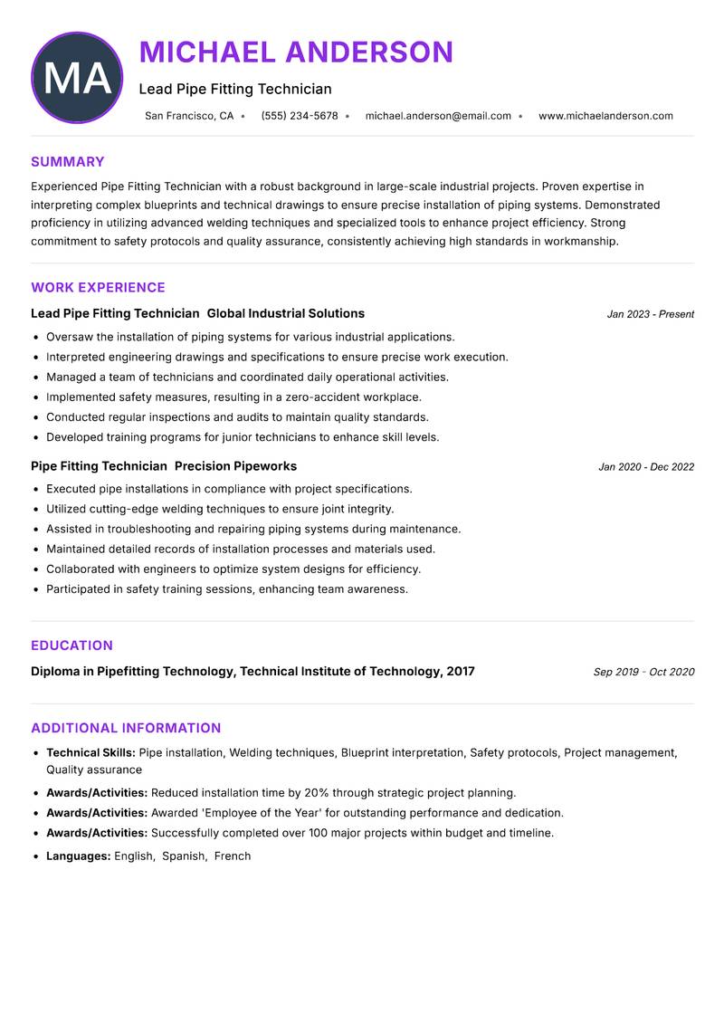 Pipe Fitting Technician Resume Preview Example