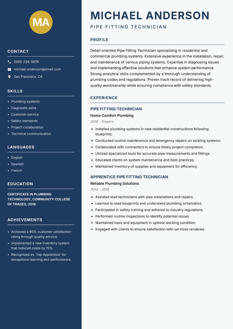 Pipe Fitting Technician Resume Preview Example