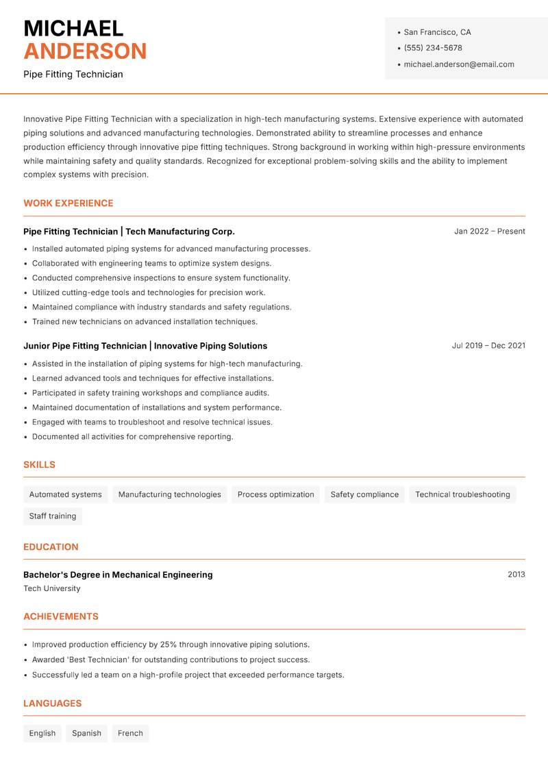 Pipe Fitting Technician Resume Template