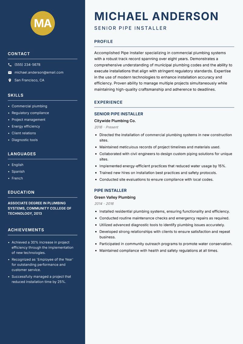 Pipe Installer Resume Preview Example