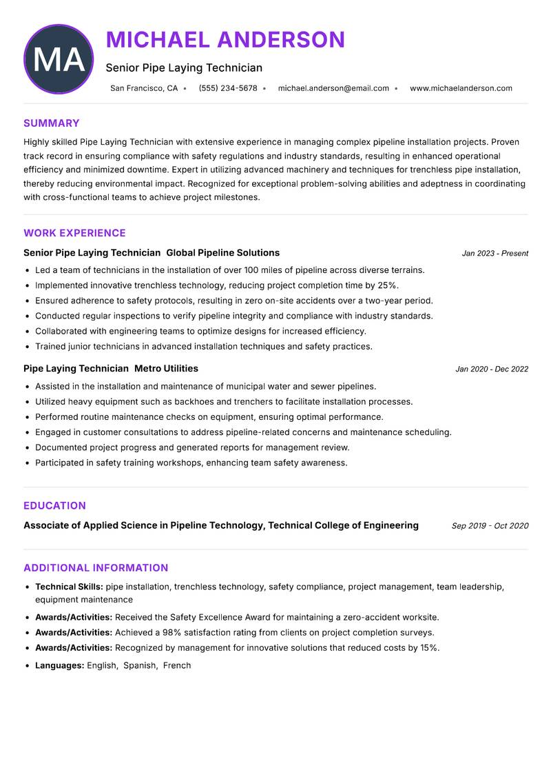 Pipe Laying Technician Resume Preview Example