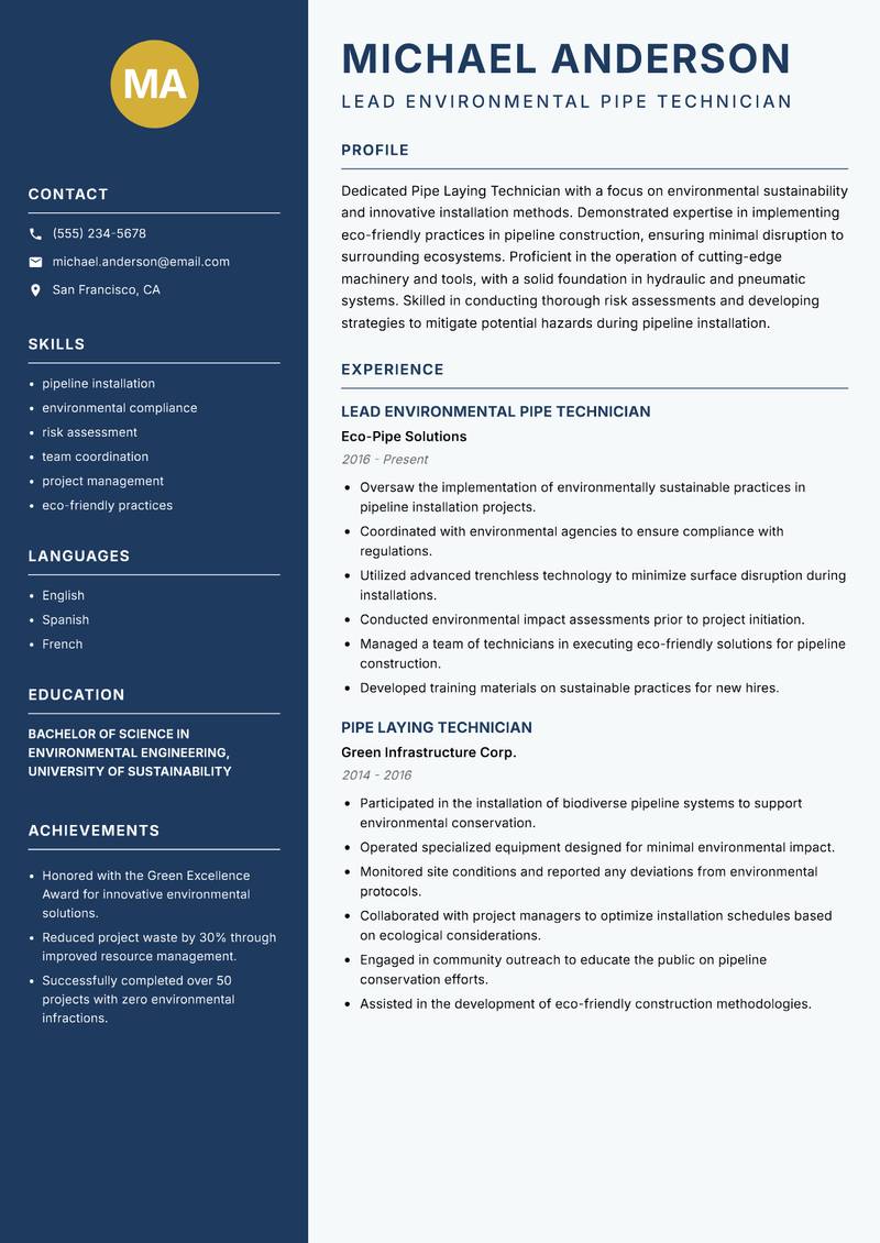 Pipe Laying Technician Resume Preview Example