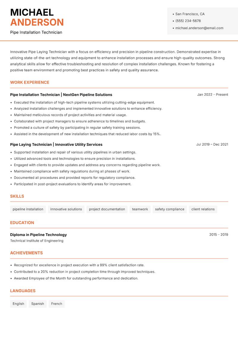 Pipe Laying Technician Resume Template