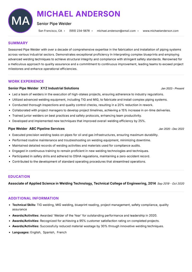 Pipe Welder Resume Preview Example