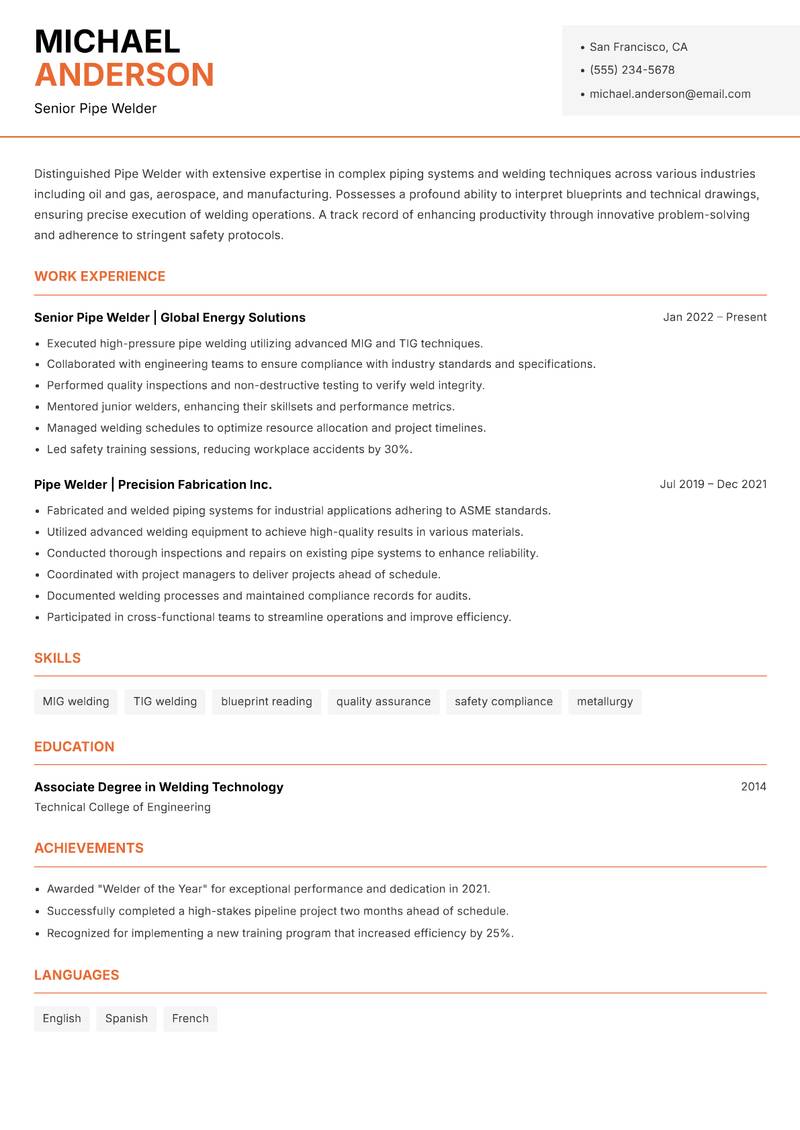 Pipe Welder Resume Template