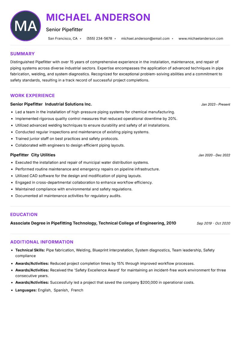 Pipefitter Resume Preview Example