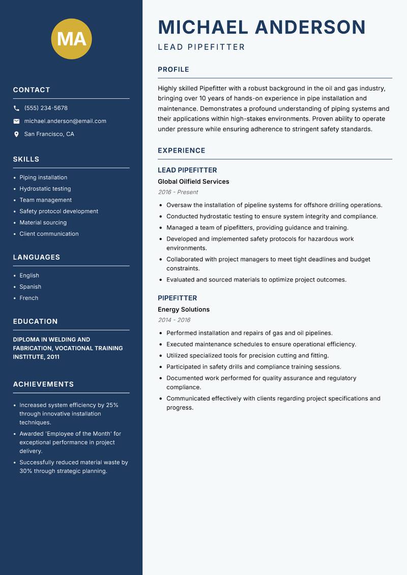 Pipefitter Resume Preview Example