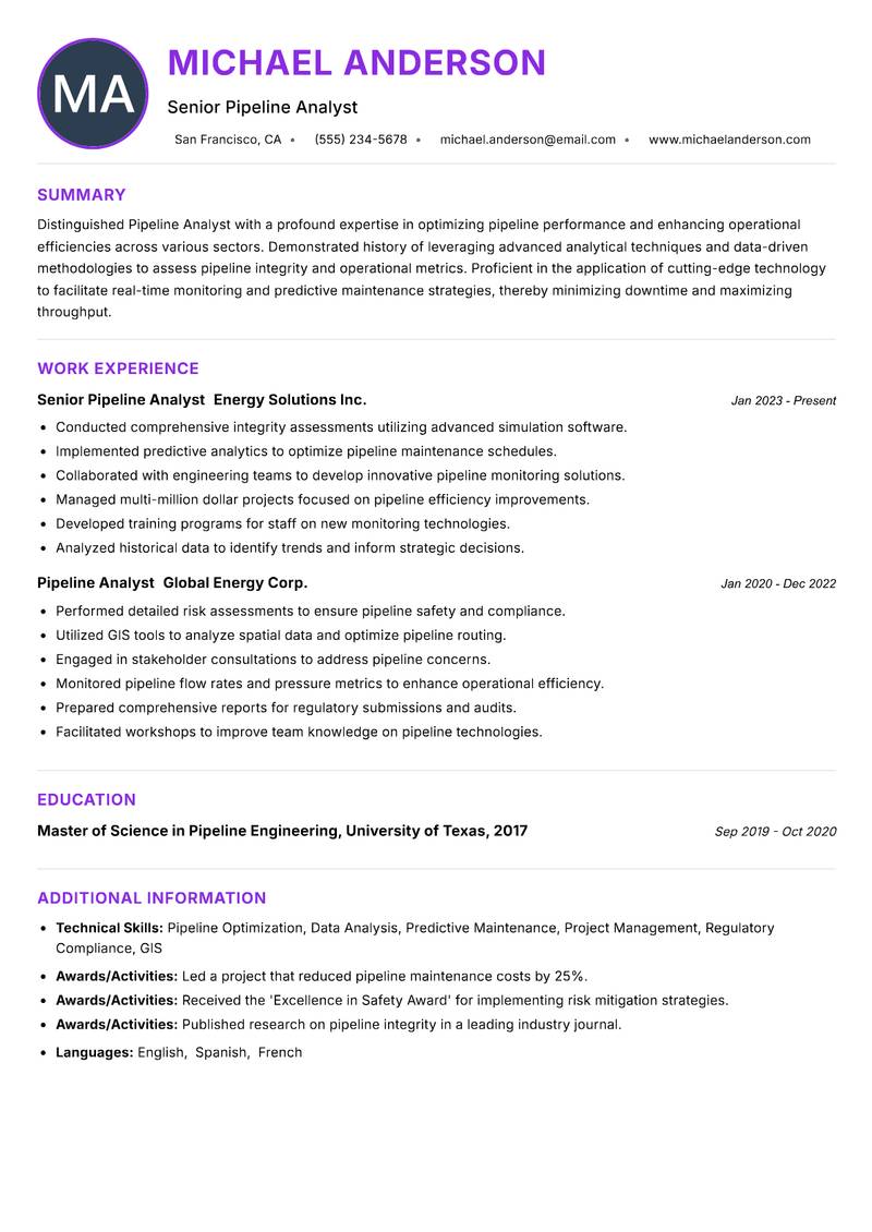 Pipeline Analyst Resume Preview Example