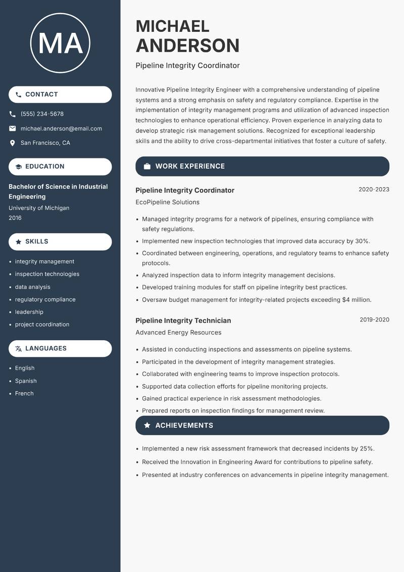 Pipeline Integrity Engineer Resume Preview Example