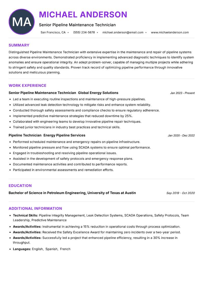 Pipeline Maintenance Technician Resume Preview Example