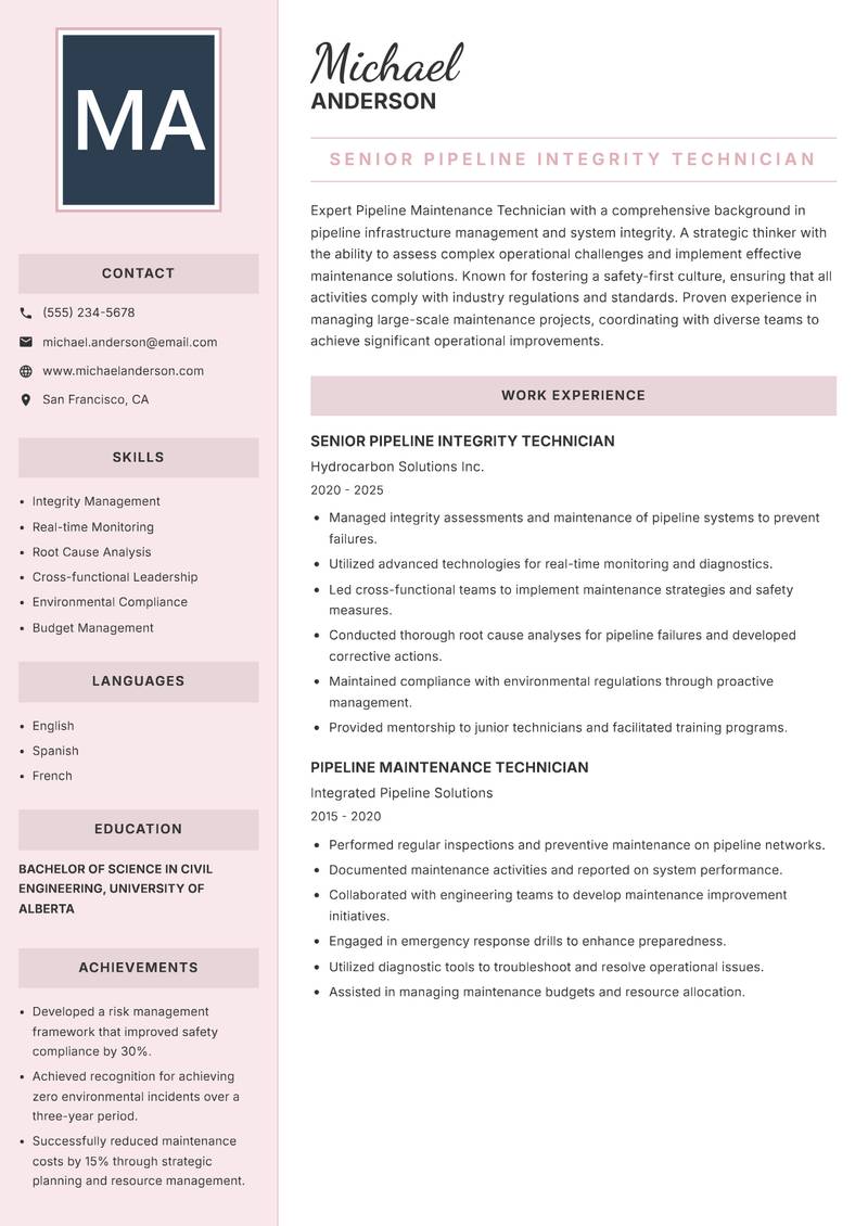 Pipeline Maintenance Technician Resume Preview Example