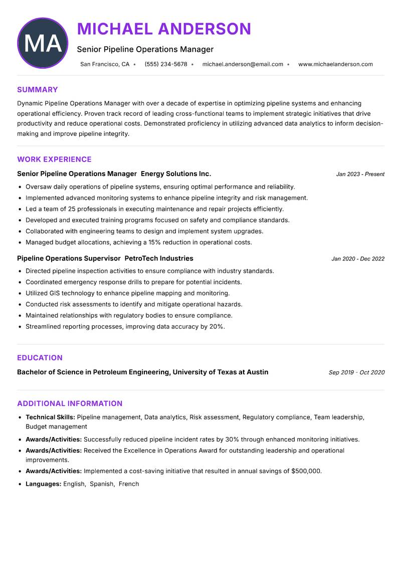 Pipeline Operations Manager Resume Preview Example