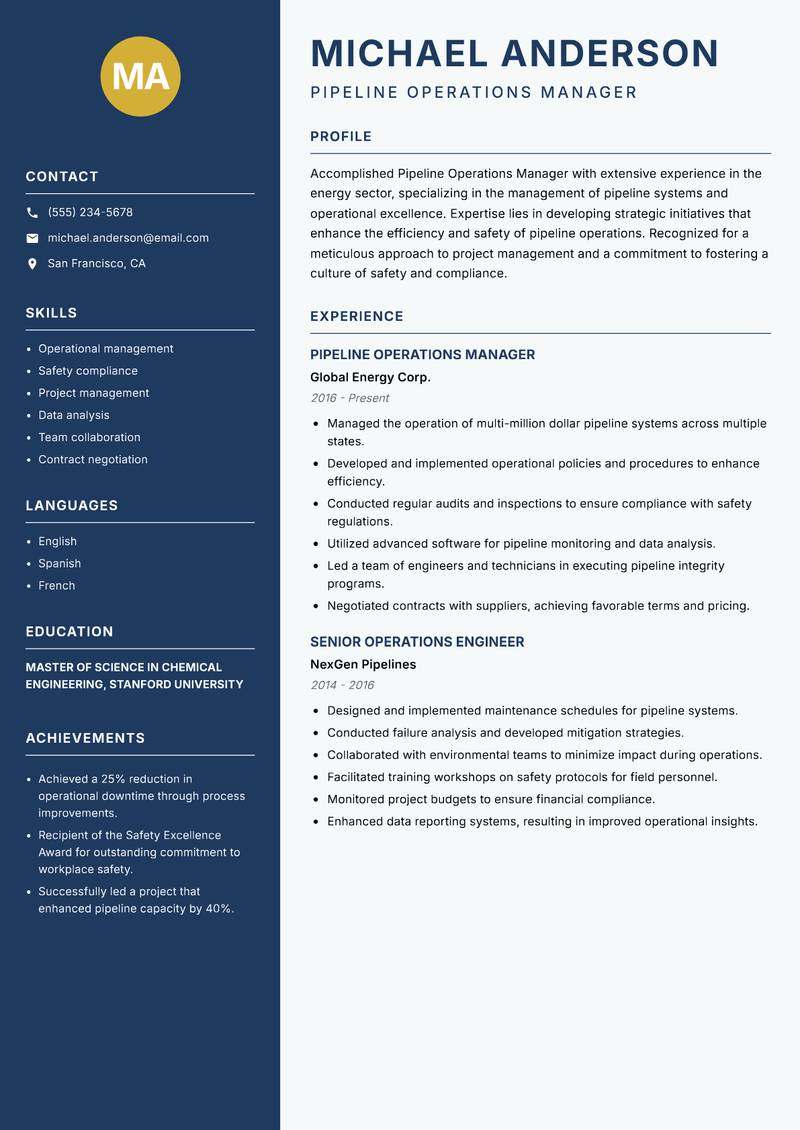 Pipeline Operations Manager Resume Preview Example