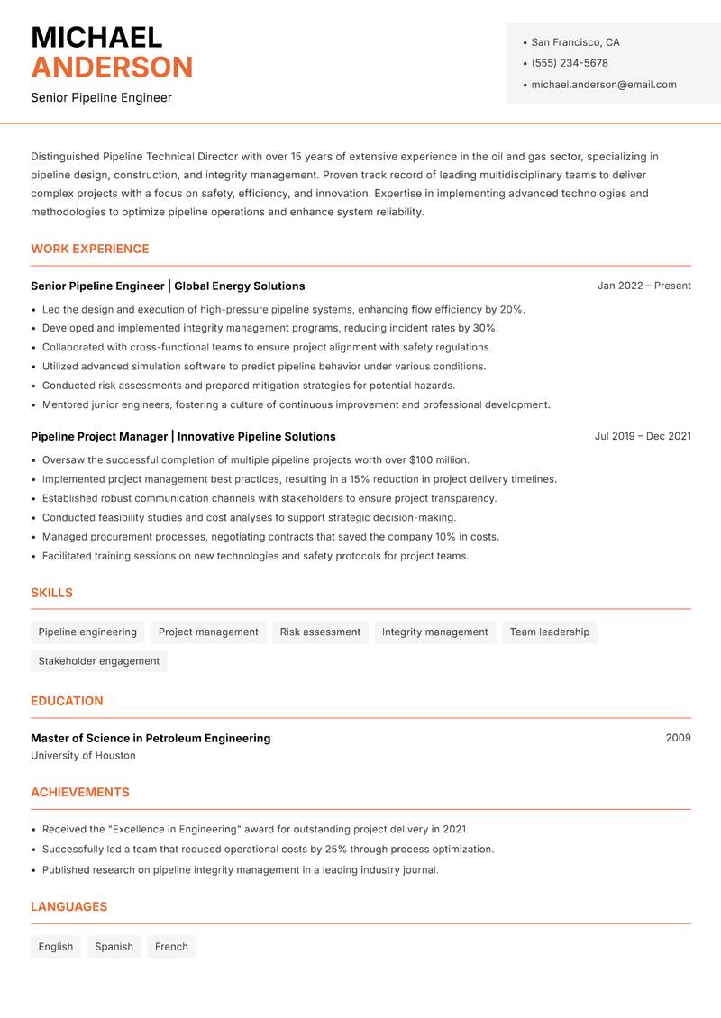 Pipeline Technical Director Resume Template