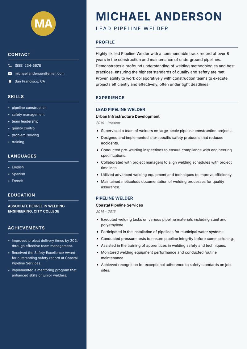 Pipeline Welder Resume Preview Example