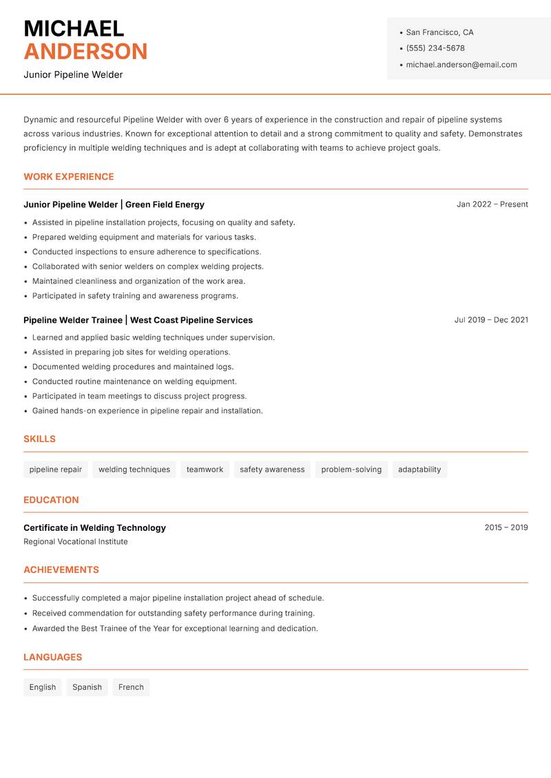 Pipeline Welder Resume Template