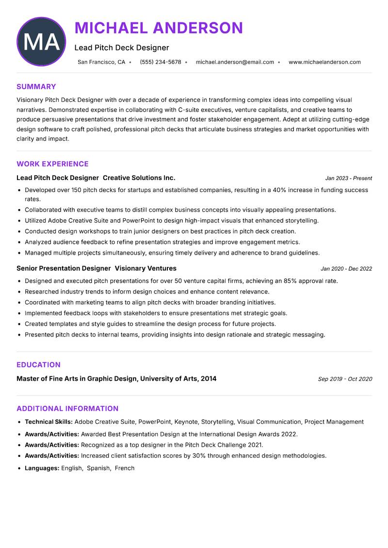 Pitch Deck Designer Resume Preview Example