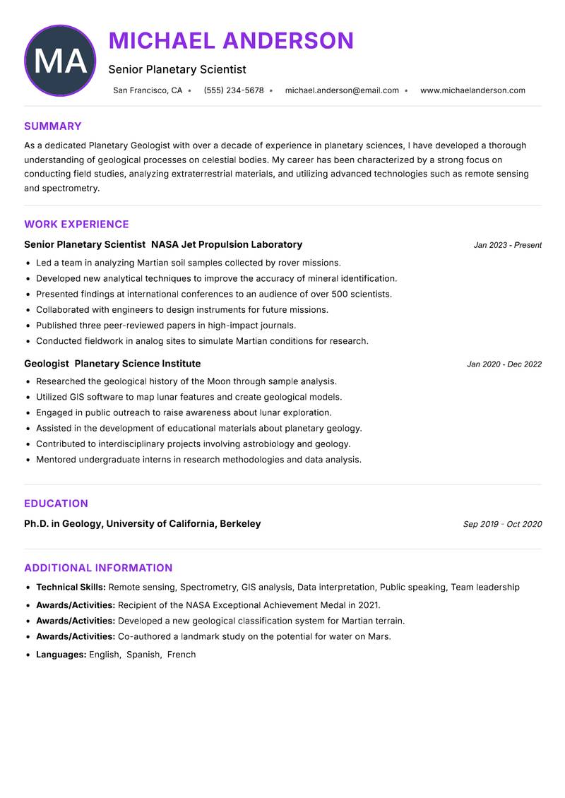Planetary Geologist Resume Preview Example