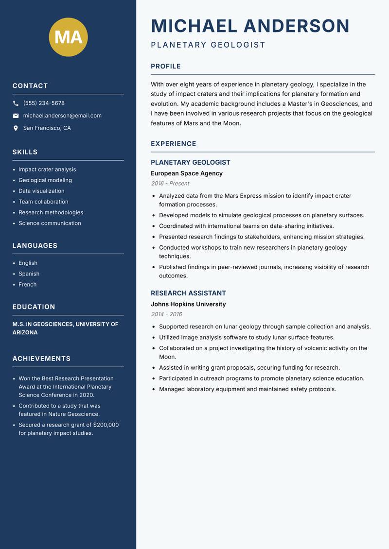 Planetary Geologist Resume Preview Example