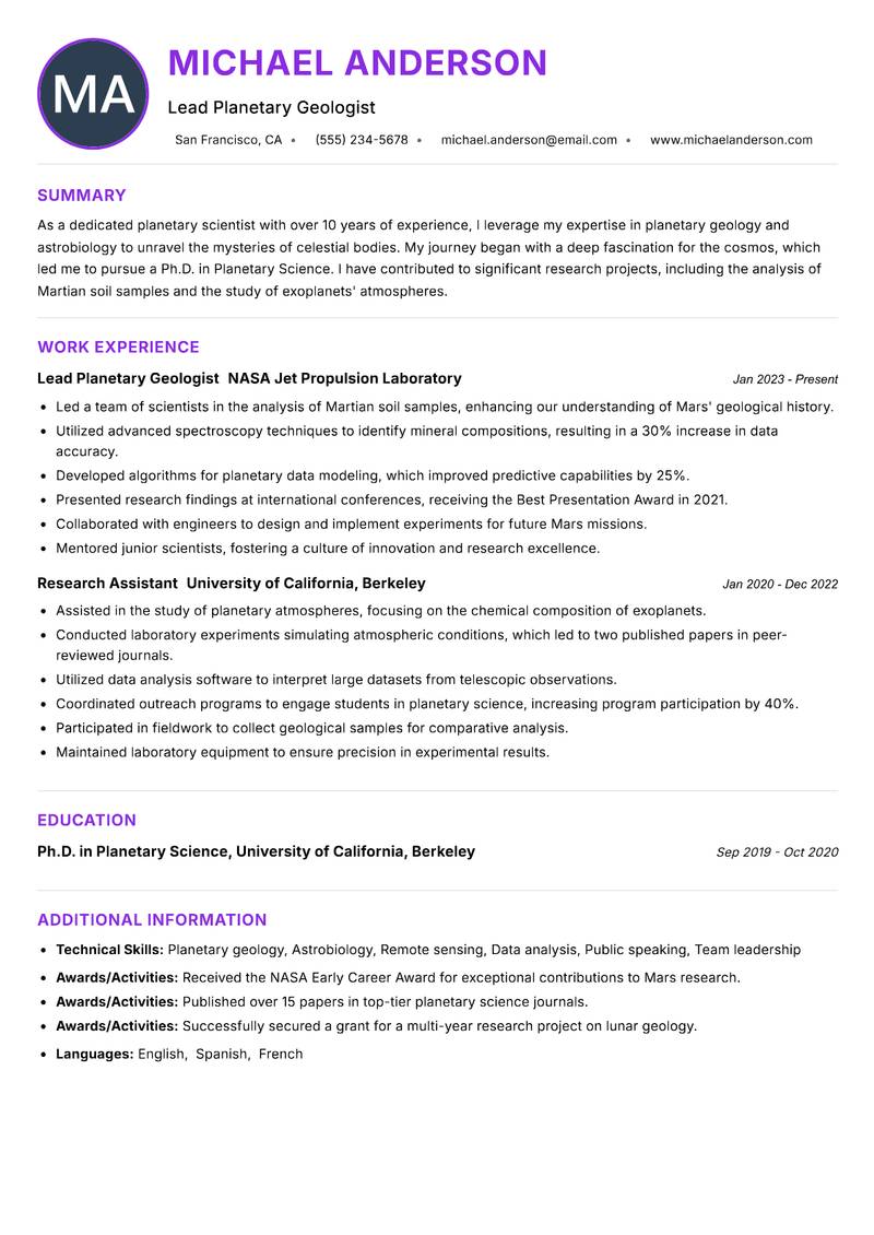 Planetary Scientist Resume Preview Example