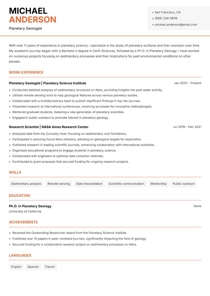 Planetary Scientist Resume Template