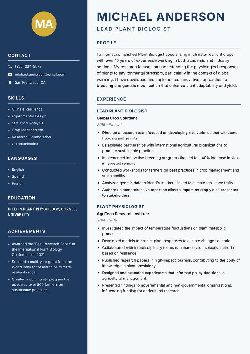 Plant Biologist Resume Preview Example