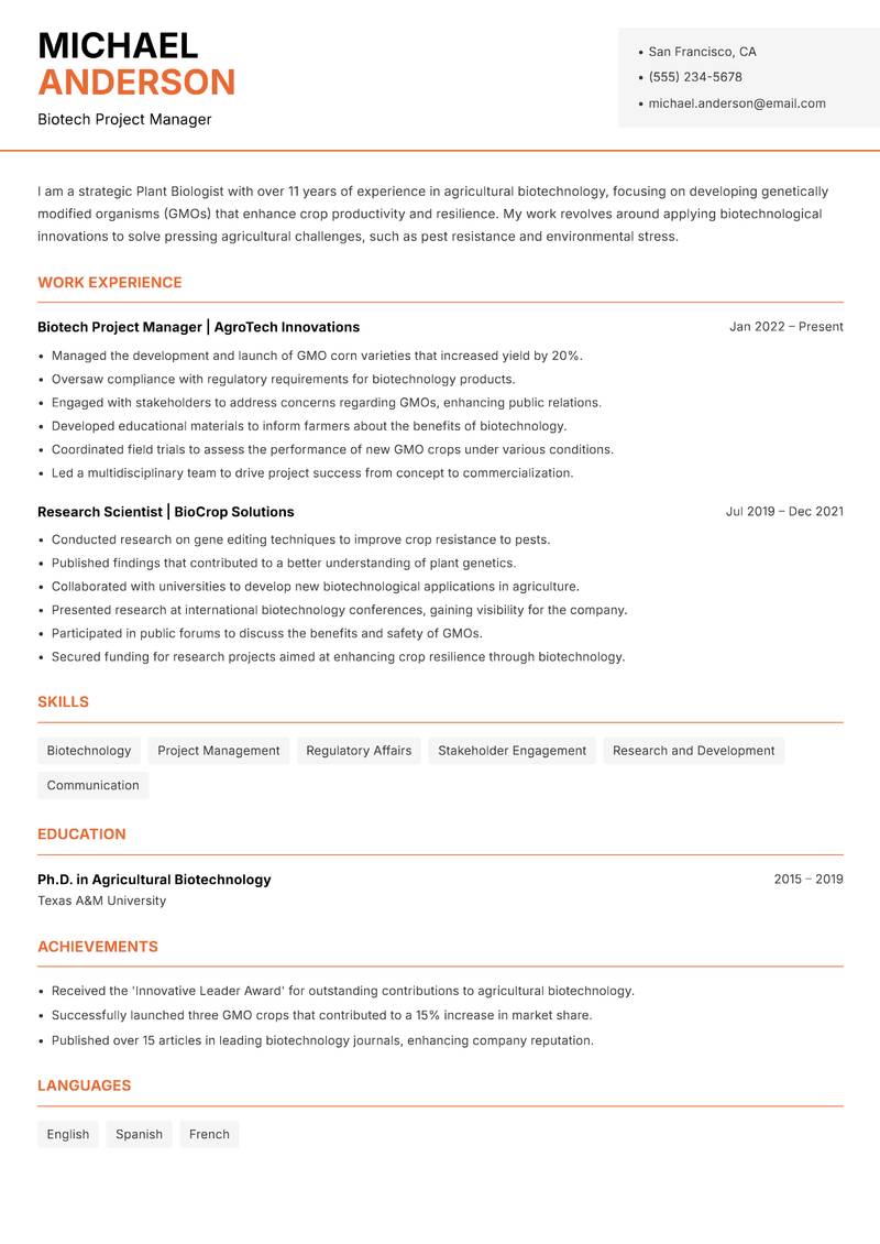 Plant Biologist Resume Template