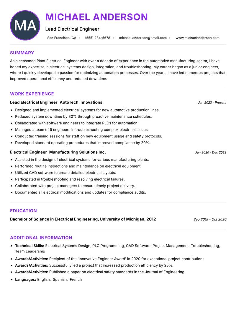 Plant Electrical Engineer Resume Preview Example