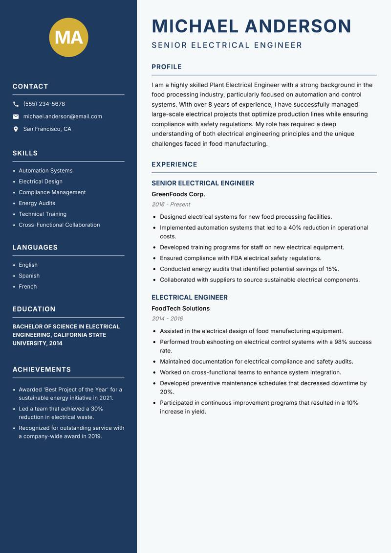 Plant Electrical Engineer Resume Preview Example