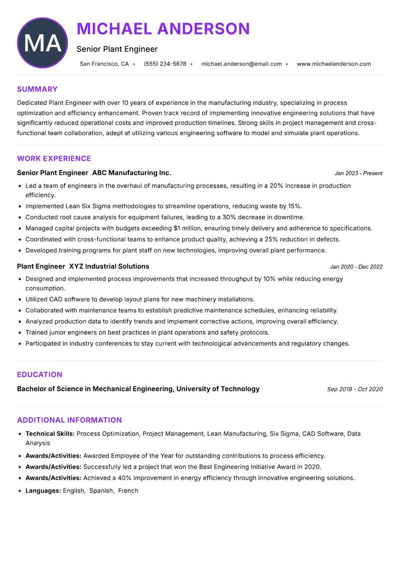 Plant Engineer Resume Preview Example