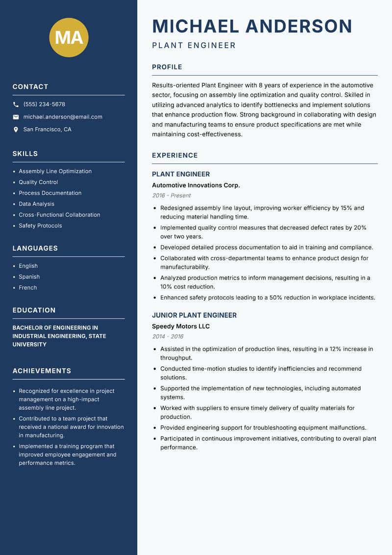 Plant Engineer Resume Preview Example