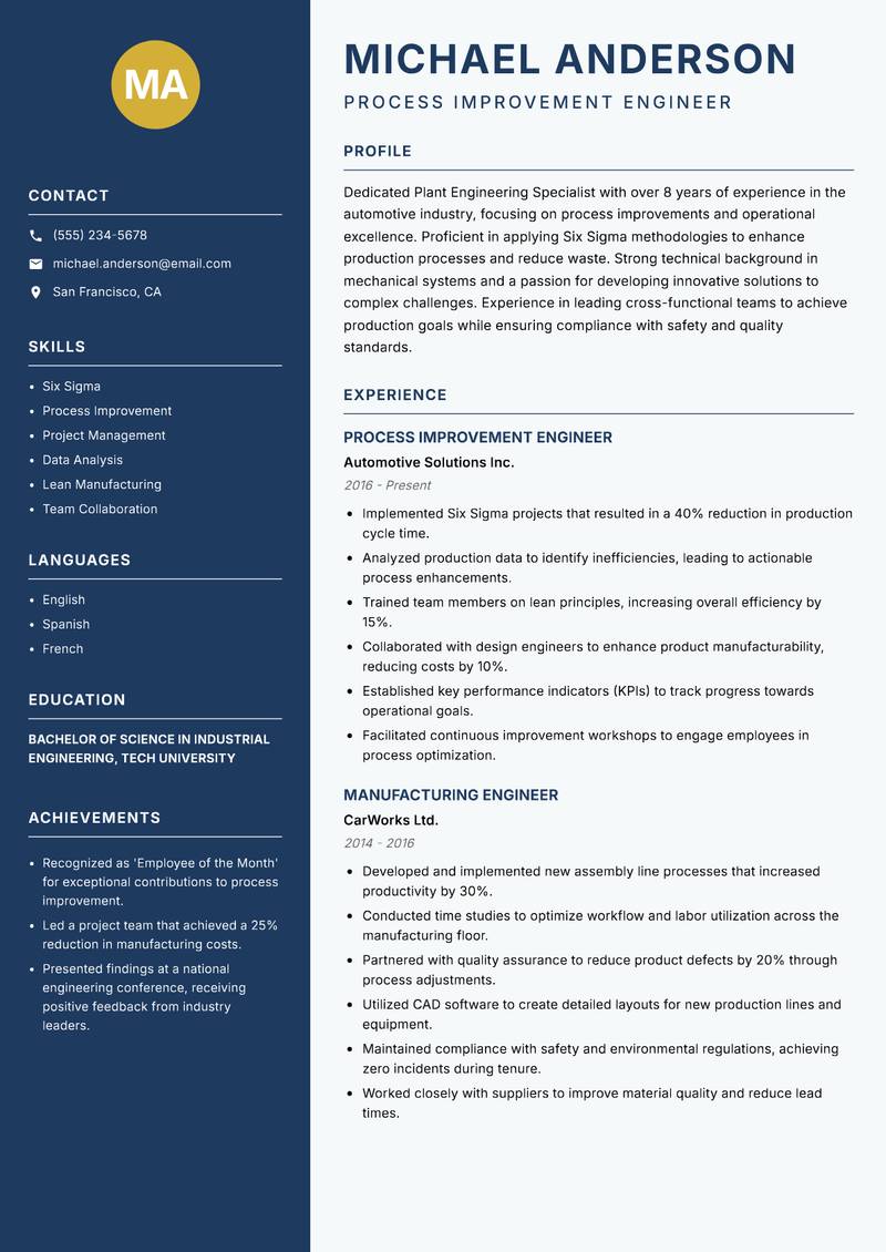 Plant Engineering Specialist Resume Preview Example