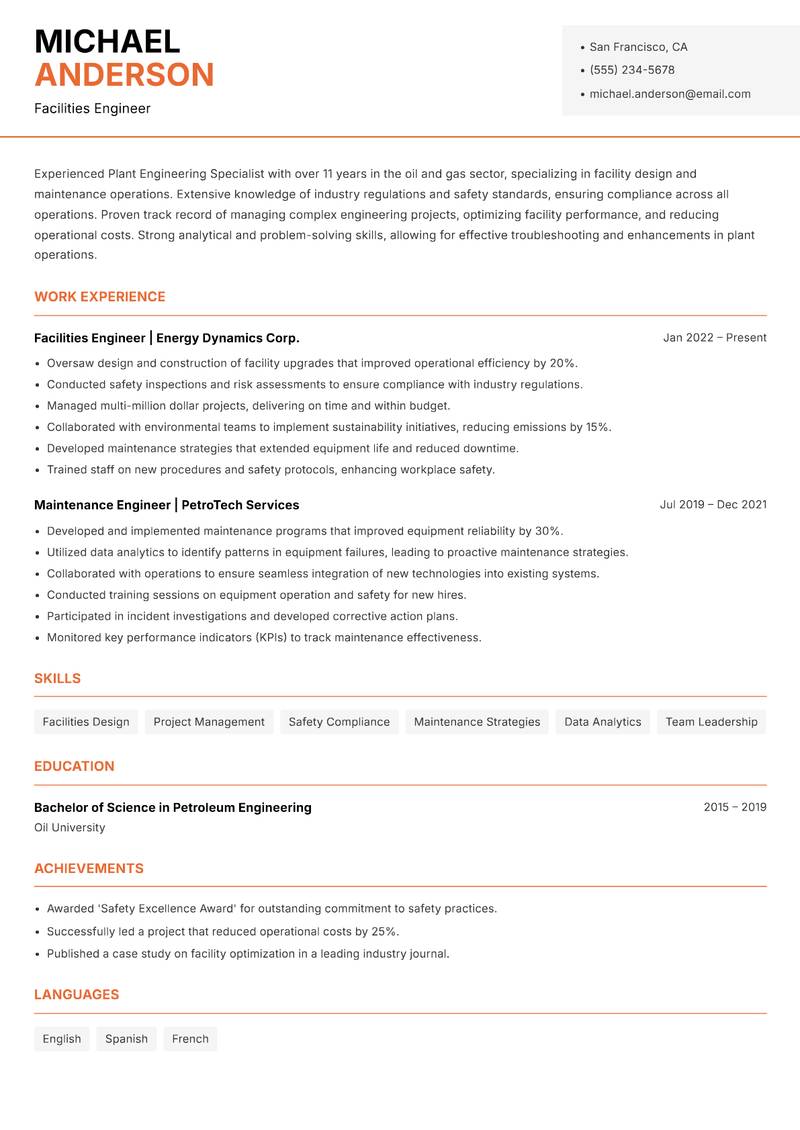Plant Engineering Specialist Resume Template
