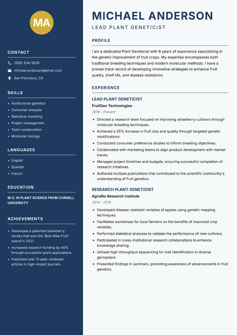 Plant Geneticist Resume Preview Example