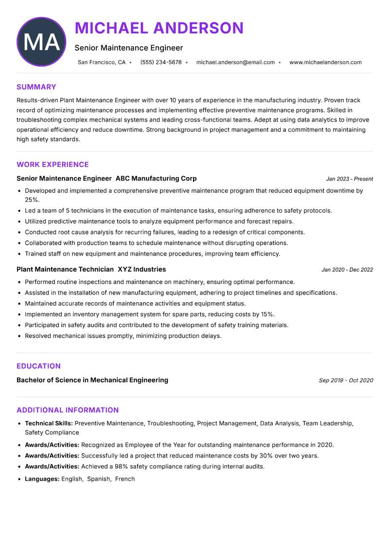 Plant Maintenance Engineer Resume Preview Example