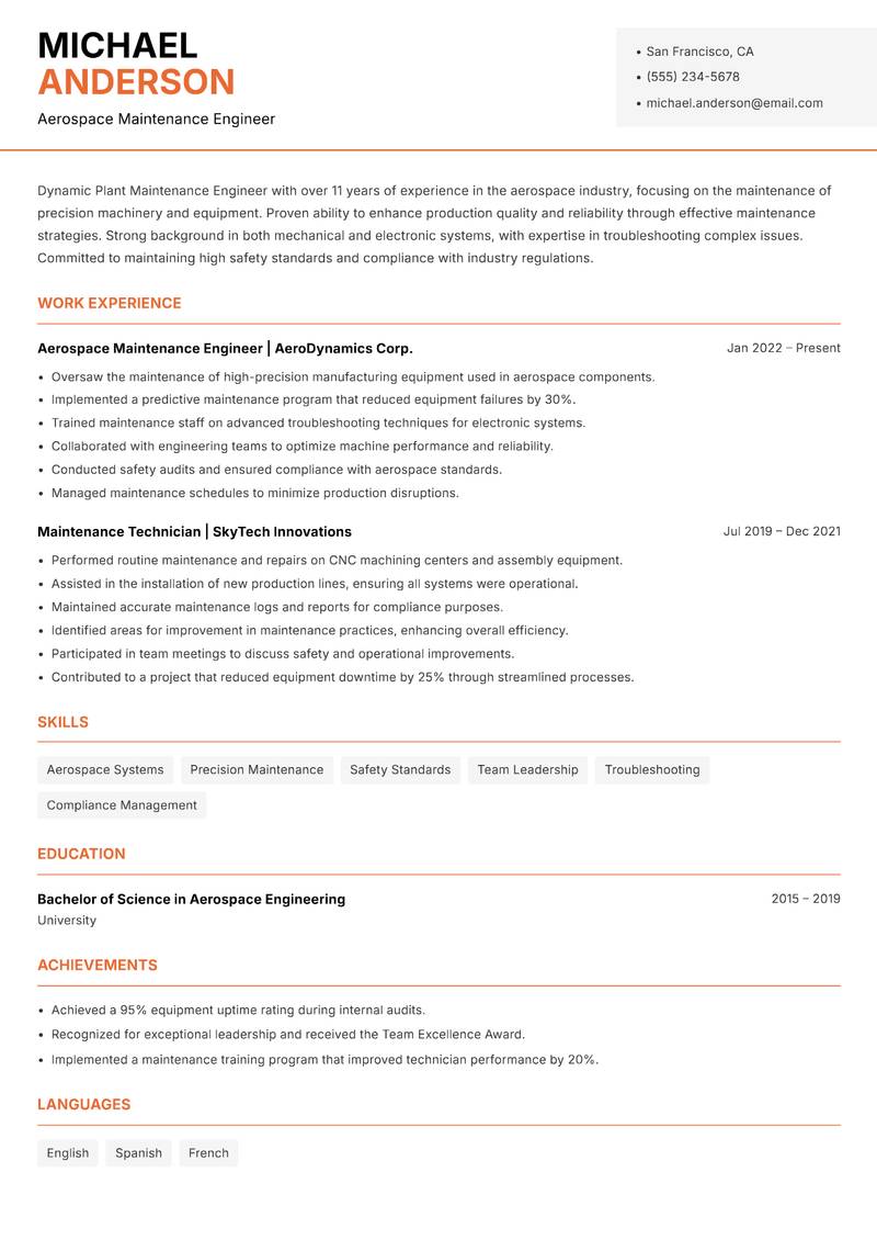 Plant Maintenance Engineer Resume Template