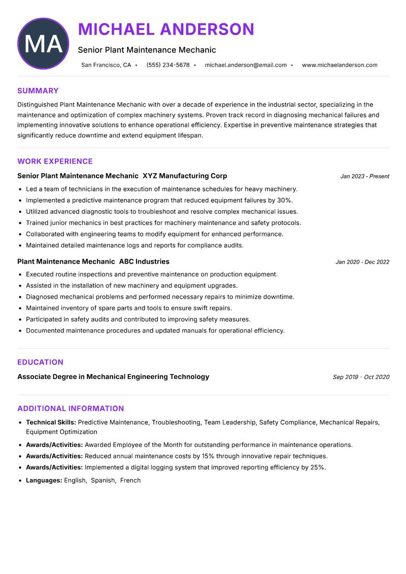 Plant Maintenance Mechanic Resume Preview Example