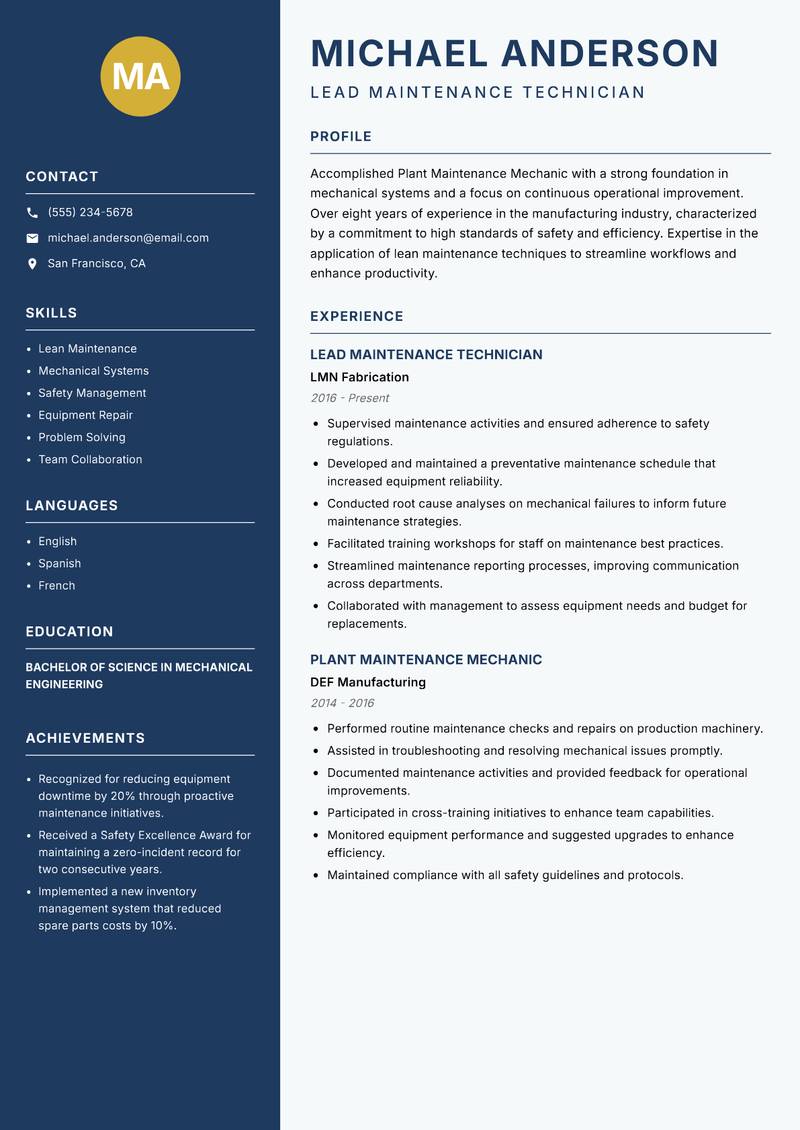 Plant Maintenance Mechanic Resume Preview Example
