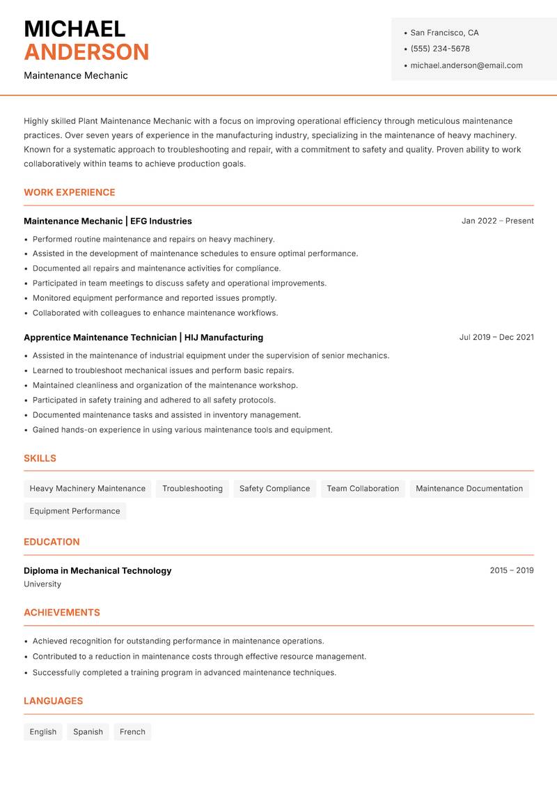 Plant Maintenance Mechanic Resume Template