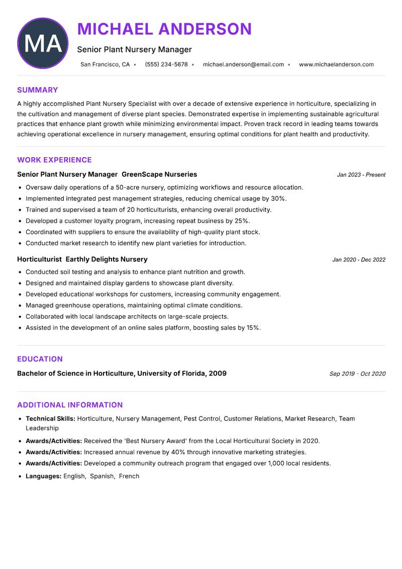Plant Nursery Specialist Resume Preview Example